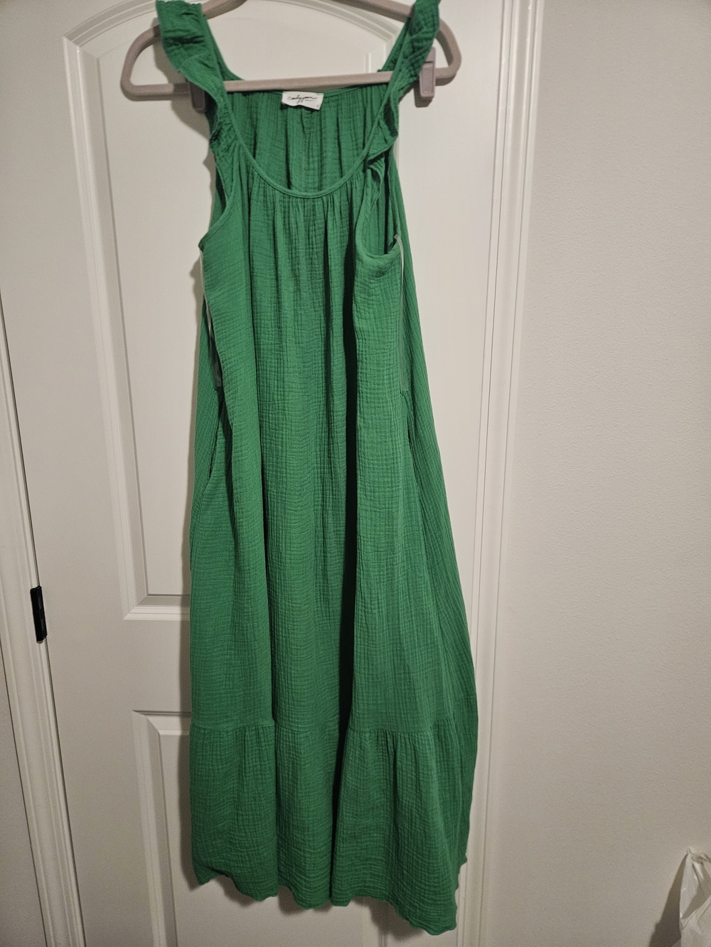 Carly Jean Los Angeles Green Cotton Gauze Tiered Maxi Dress Size L Ruffle Strap